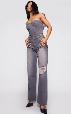 Washed Grey Detachable Bandeau Denim Jumpsuit
