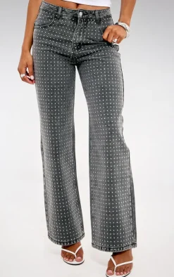 Washed Grey Diamante Front Straight Leg Jeans