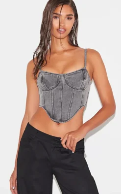 Discount PrettyLittleThing Dipped Hem Denim Corset Washed Grey