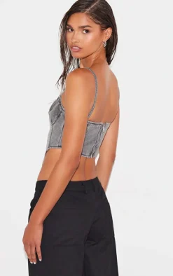 Discount PrettyLittleThing Dipped Hem Denim Corset Washed Grey