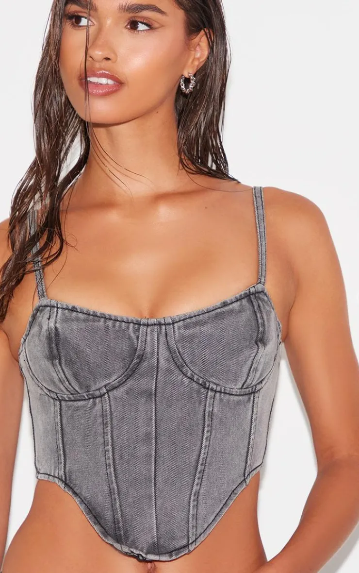Discount PrettyLittleThing Dipped Hem Denim Corset Washed Grey
