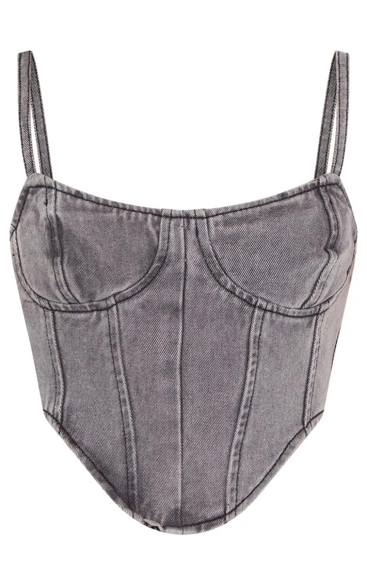 Discount PrettyLittleThing Dipped Hem Denim Corset Washed Grey