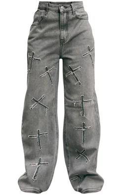 Washed Grey Distressed Cross Detail Straight Leg Denim Jeans