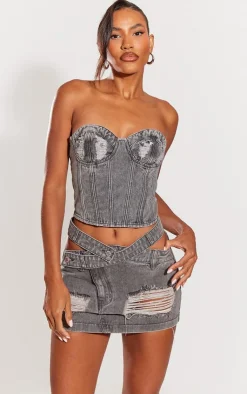Clearance PrettyLittleThing Distressed Cup Denim Corset Top Washed Grey