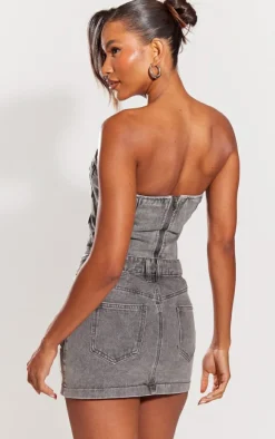 Clearance PrettyLittleThing Distressed Cup Denim Corset Top Washed Grey