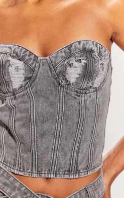 Clearance PrettyLittleThing Distressed Cup Denim Corset Top Washed Grey