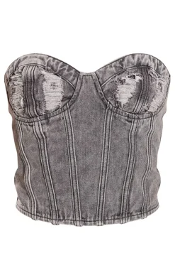 Clearance PrettyLittleThing Distressed Cup Denim Corset Top Washed Grey