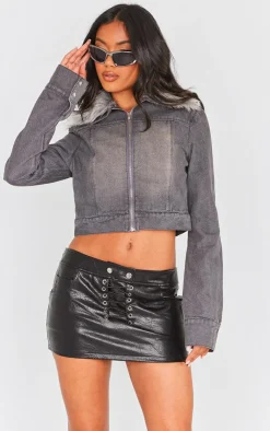 PrettyLittleThing Faux Fur Coats*Faux Fur Trim Denim Biker Jacket
