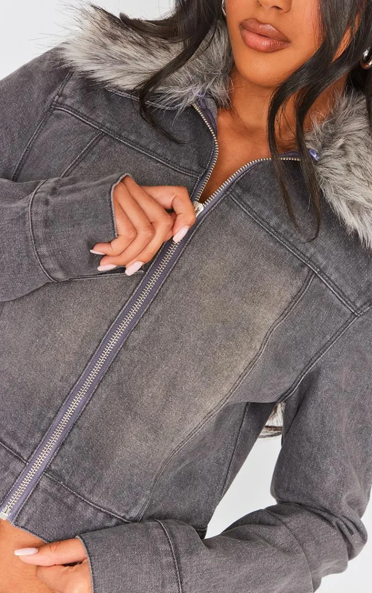 PrettyLittleThing Faux Fur Coats*Faux Fur Trim Denim Biker Jacket
