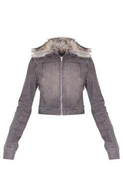 PrettyLittleThing Faux Fur Coats*Faux Fur Trim Denim Biker Jacket