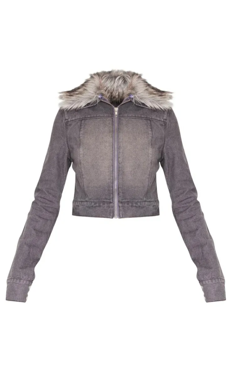 PrettyLittleThing Faux Fur Coats*Faux Fur Trim Denim Biker Jacket