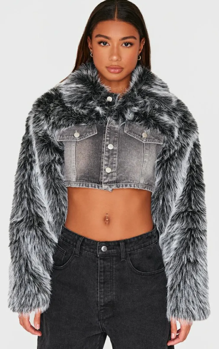 PrettyLittleThing Christmas Shop*Faux Fur Trim Cropped Denim Jacket