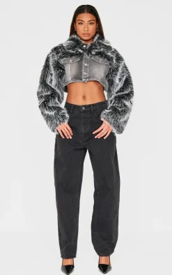 PrettyLittleThing Christmas Shop*Faux Fur Trim Cropped Denim Jacket