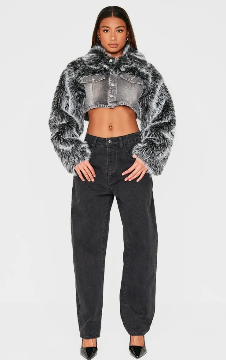 PrettyLittleThing Christmas Shop*Faux Fur Trim Cropped Denim Jacket