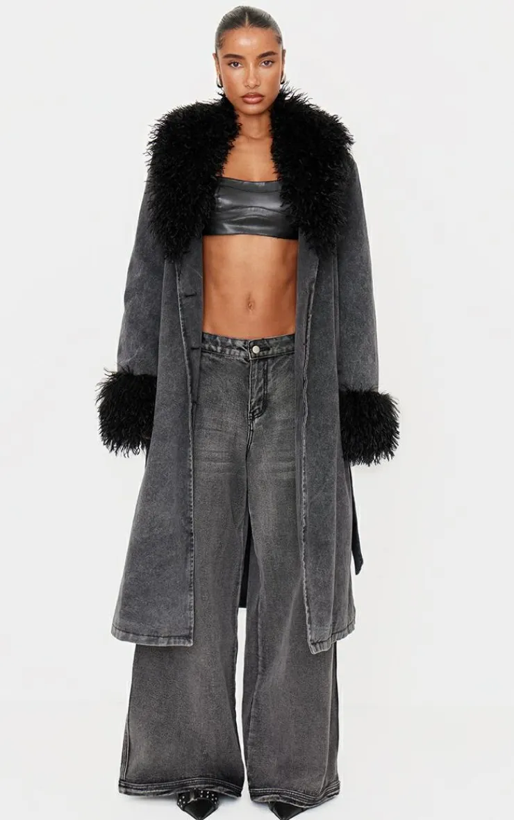PrettyLittleThing Trench Coats*Faux Fur Trim Belted Trench Coat