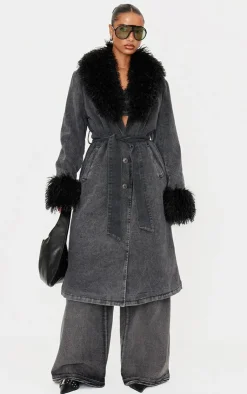 PrettyLittleThing Trench Coats*Faux Fur Trim Belted Trench Coat
