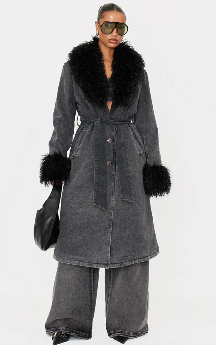 PrettyLittleThing Trench Coats*Faux Fur Trim Belted Trench Coat