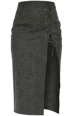 Washed Grey Faux Leather Lace Up Skirt