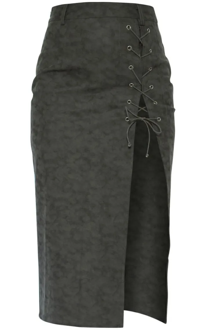 Washed Grey Faux Leather Lace Up Skirt