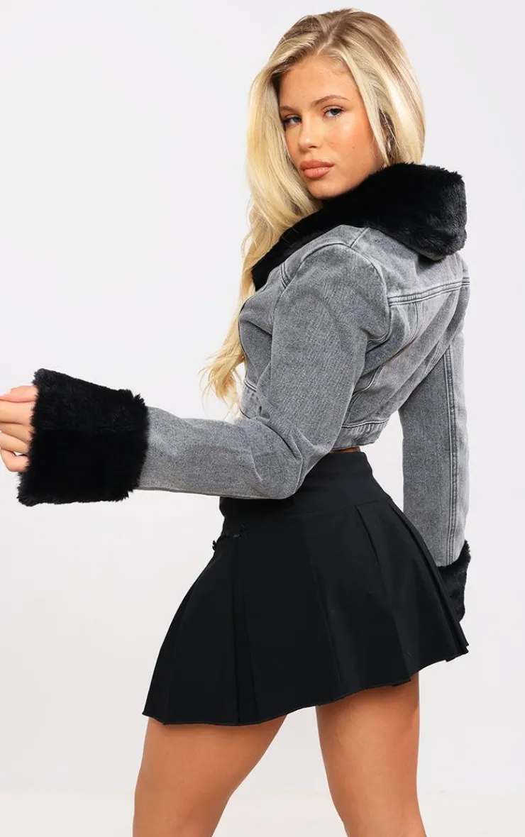 PrettyLittleThing Faux Fur Coats*Fur Trim Cropped Denim Jacket