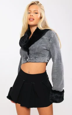PrettyLittleThing Faux Fur Coats*Fur Trim Cropped Denim Jacket