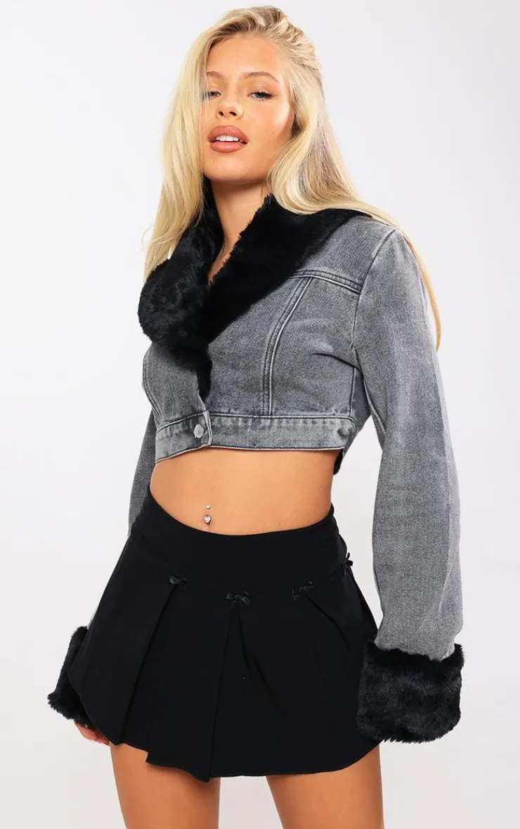 PrettyLittleThing Faux Fur Coats*Fur Trim Cropped Denim Jacket
