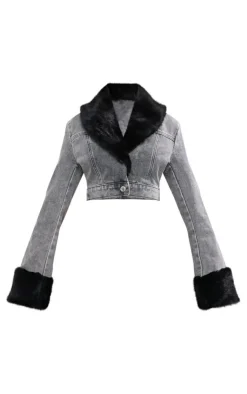 PrettyLittleThing Faux Fur Coats*Fur Trim Cropped Denim Jacket