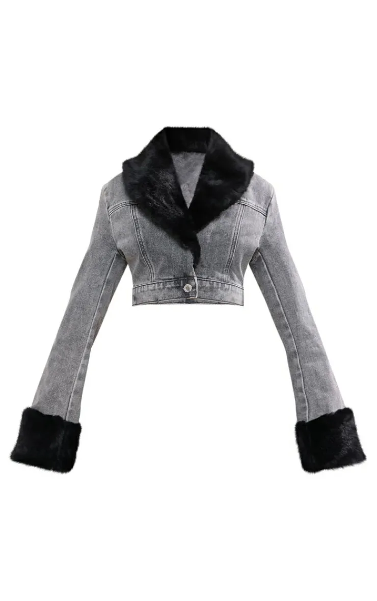 PrettyLittleThing Faux Fur Coats*Fur Trim Cropped Denim Jacket