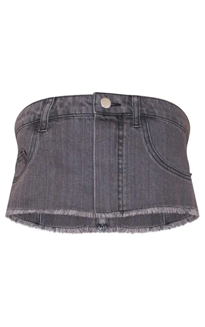 Washed Grey Jean Detail Raw Hem Denim Bandeau Top
