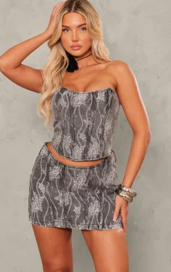 PrettyLittleThing Lace Print Denim Corset Crop Top Washed Grey