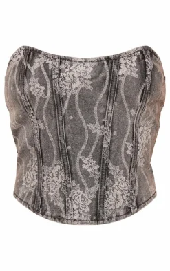 PrettyLittleThing Lace Print Denim Corset Crop Top Washed Grey