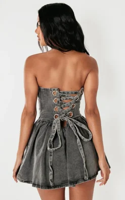 Lace Up Back Denim Puffball Dress-PrettyLittleThing Online
