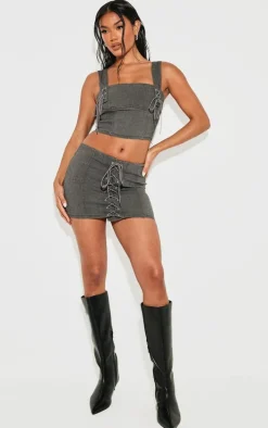 Washed Grey Lace Up Detail Denim Cropped Top