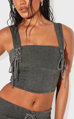 Washed Grey Lace Up Detail Denim Cropped Top