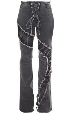 Washed Grey Lace Up Extreme Detail Flared Jeans