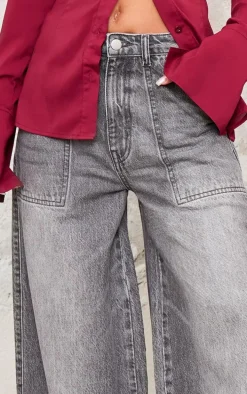 Washed Grey Mid Rise Wide Leg Jeans