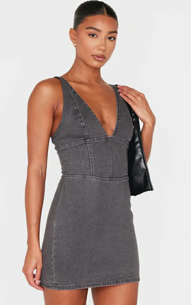 Plunge Corset Style Denim Mini Dress-PrettyLittleThing Best