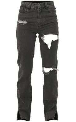 Washed Grey Ripped Split Hem Jeans