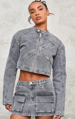 Discount PrettyLittleThing Seam Detail Shoulder Padded Racer Cropped Denim Jacket Washed Grey