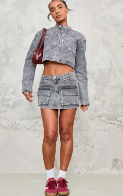 Discount PrettyLittleThing Seam Detail Shoulder Padded Racer Cropped Denim Jacket Washed Grey