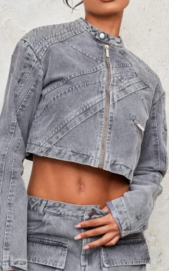 Discount PrettyLittleThing Seam Detail Shoulder Padded Racer Cropped Denim Jacket Washed Grey