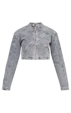 Discount PrettyLittleThing Seam Detail Shoulder Padded Racer Cropped Denim Jacket Washed Grey