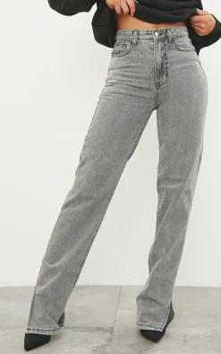 Washed Grey Split Hem Straight Leg Jeans