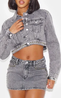 PrettyLittleThing Studded Denim Micro Mini Skirt Washed Grey
