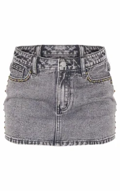 PrettyLittleThing Studded Denim Micro Mini Skirt Washed Grey