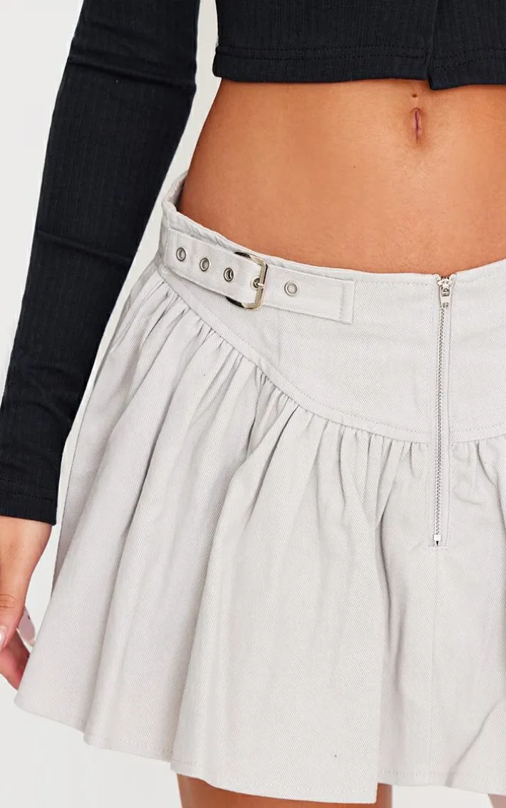 Washed Grey Twill Double Buckle Detail Mini Skirt