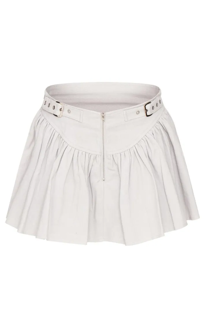 Washed Grey Twill Double Buckle Detail Mini Skirt