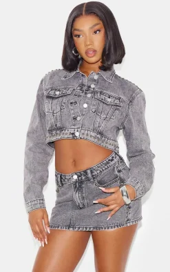 Washed Grey Western Pocket Studded Cropped Denim Jacket