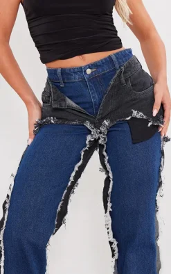 Washed Indigo Layered Effect Straight Leg Jeans