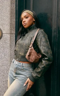 PrettyLittleThing Bomber Jackets*Faux Leather Rib High Neck Shoulder Padded Bomber Jacket
